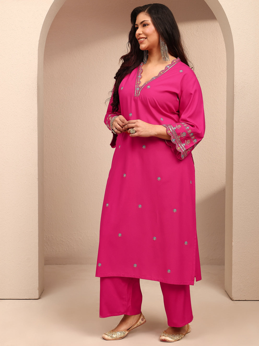 Plus Size Pink Embroidered Plus Size Clothing Silk Blend Straight Suit Set With Dupatta