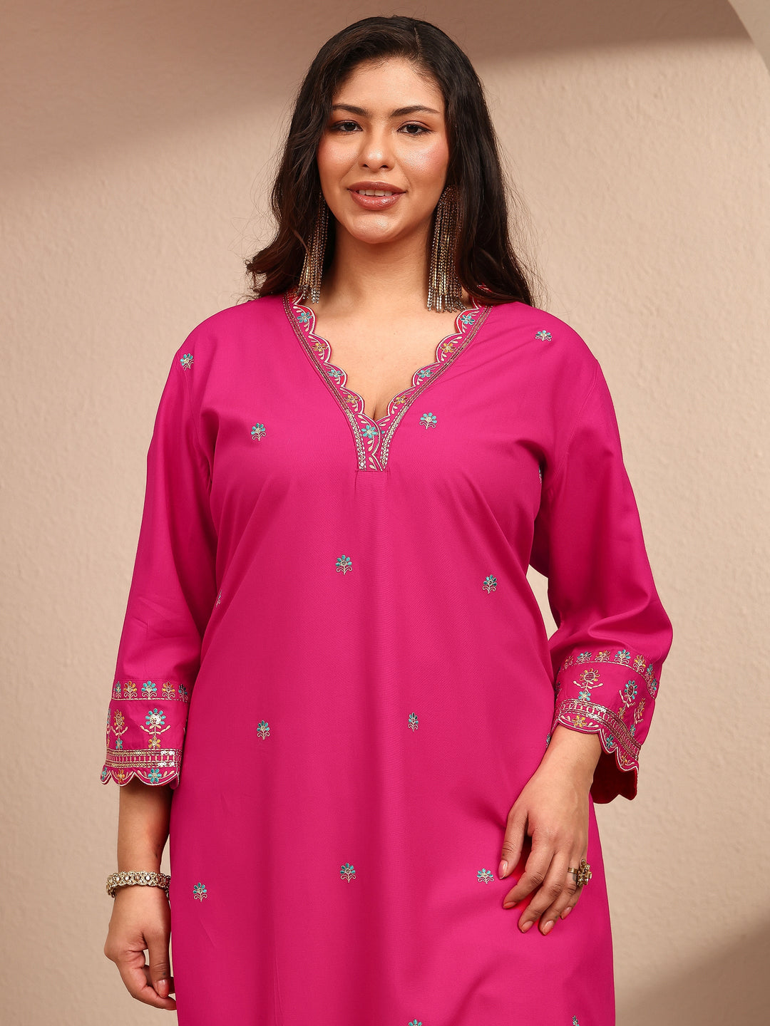 Plus Size Pink Embroidered Plus Size Clothing Silk Blend Straight Suit Set With Dupatta