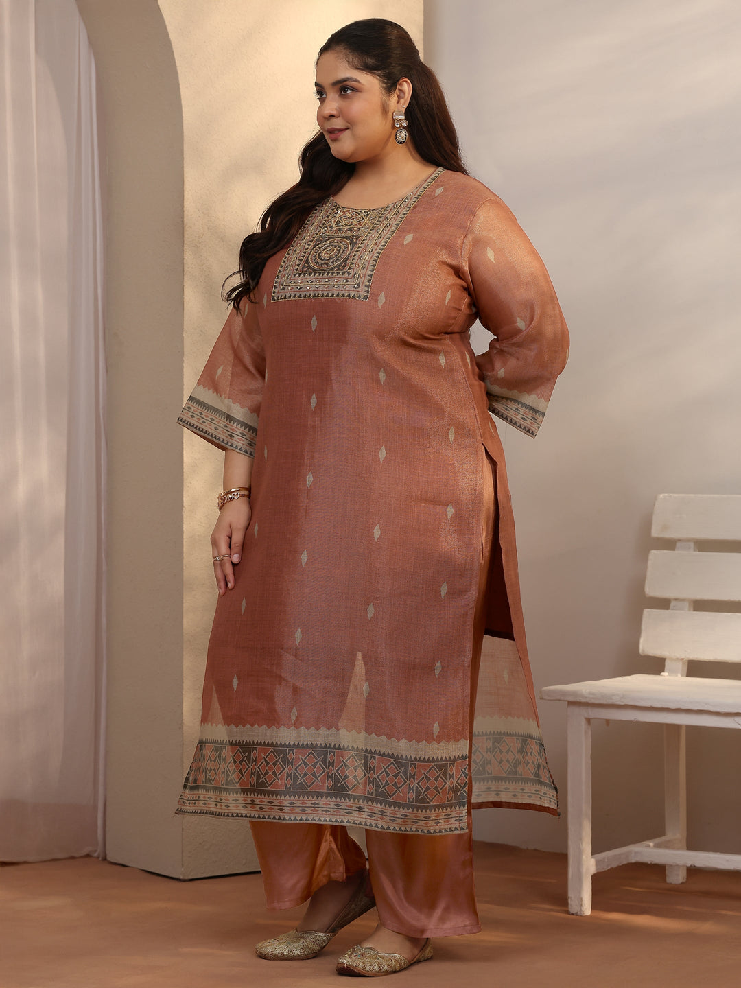 Plus Size Rust Woven Design Silk blend Straight Suit Set With Dupatta