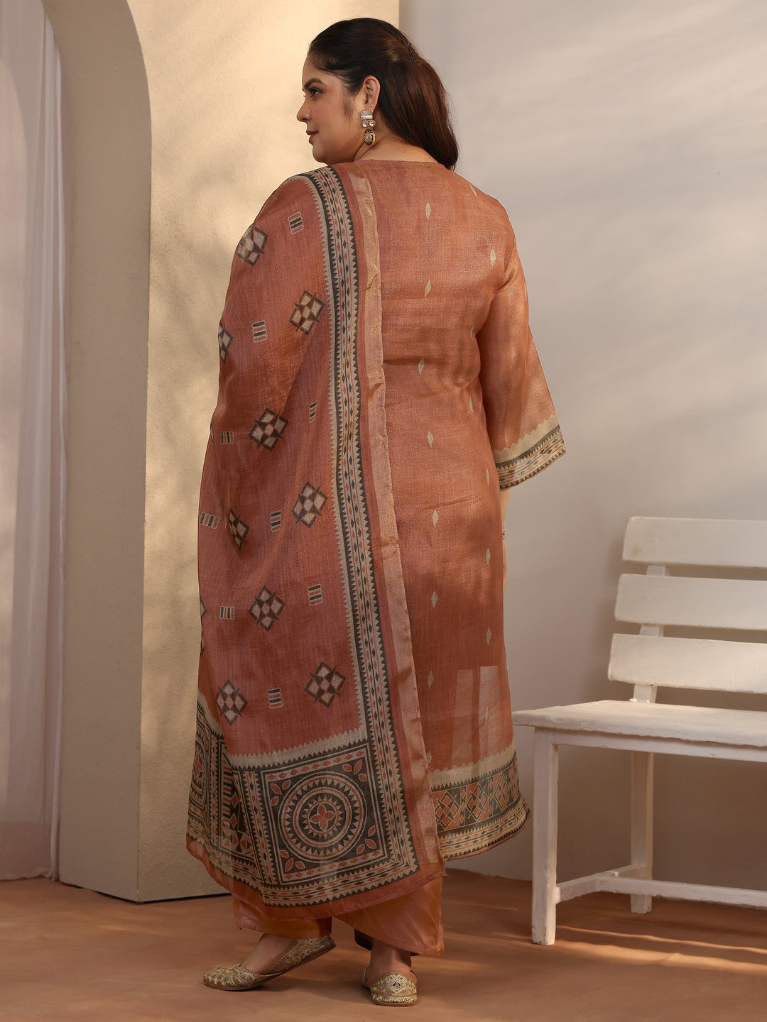 Plus Size Rust Woven Design Silk blend Straight Suit Set With Dupatta