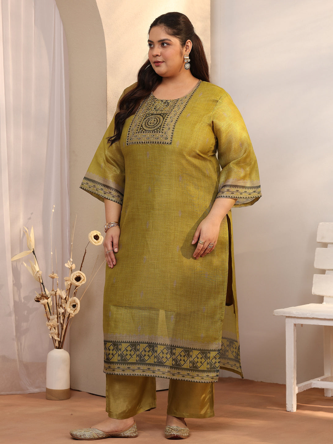 Plus Size Olive Woven Design Silk blend Straight Suit Set With Dupatta