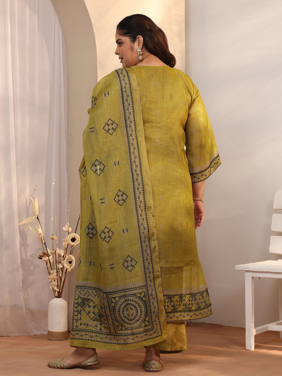 Plus Size Olive Woven Design Silk blend Straight Suit Set With Dupatta