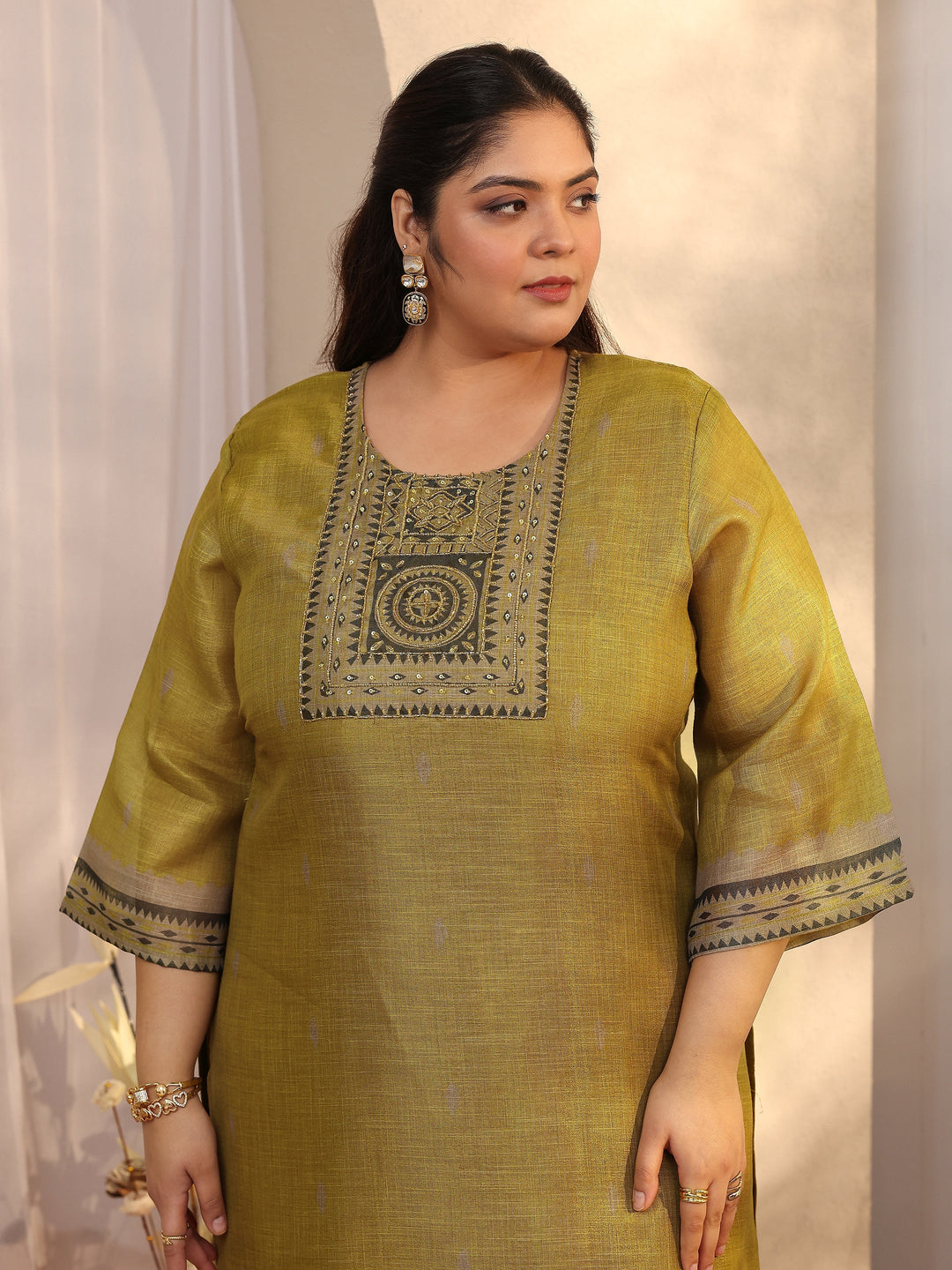 Plus Size Olive Woven Design Silk blend Straight Suit Set With Dupatta