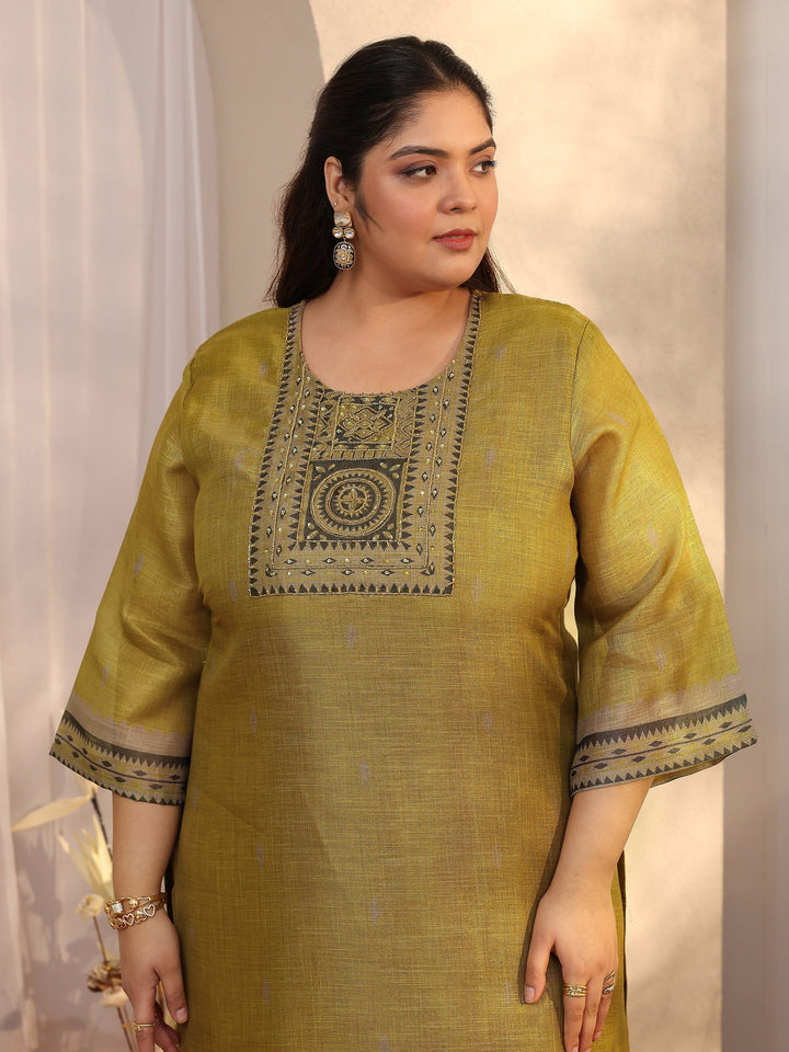 Plus Size Olive Woven Design Silk blend Straight Suit Set With Dupatta