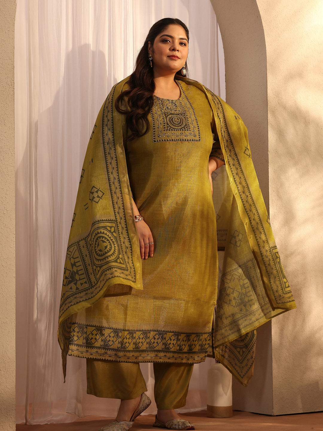Plus Size Olive Woven Design Silk blend Straight Suit Set With Dupatta