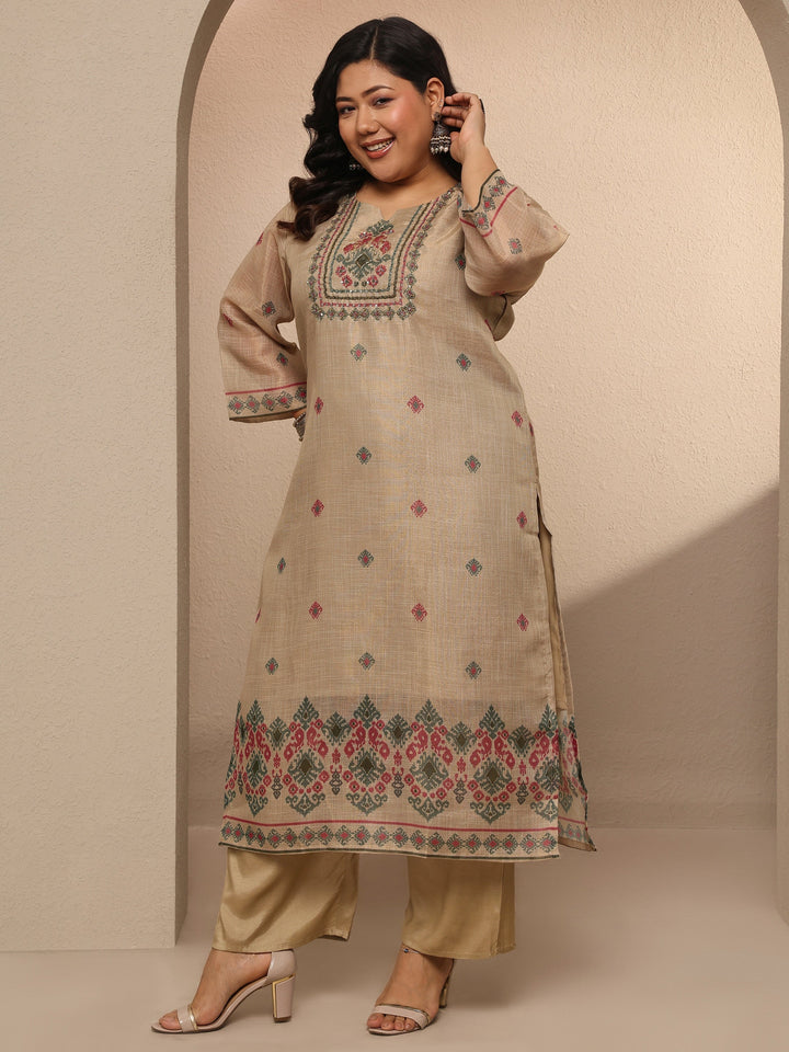 Plus Size Beige Embroidered Silk blend Suit Set With Dupatta