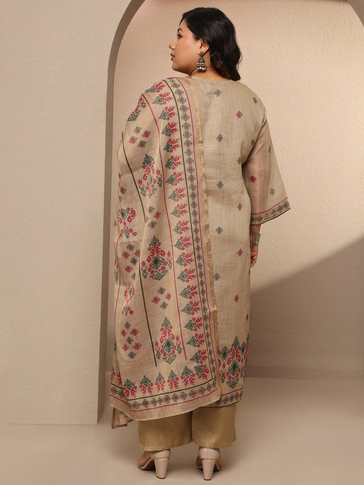 Plus Size Beige Embroidered Silk blend Suit Set With Dupatta