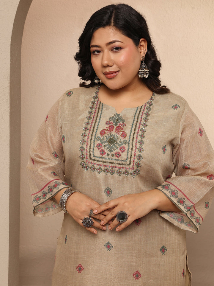 Plus Size Beige Embroidered Silk blend Suit Set With Dupatta