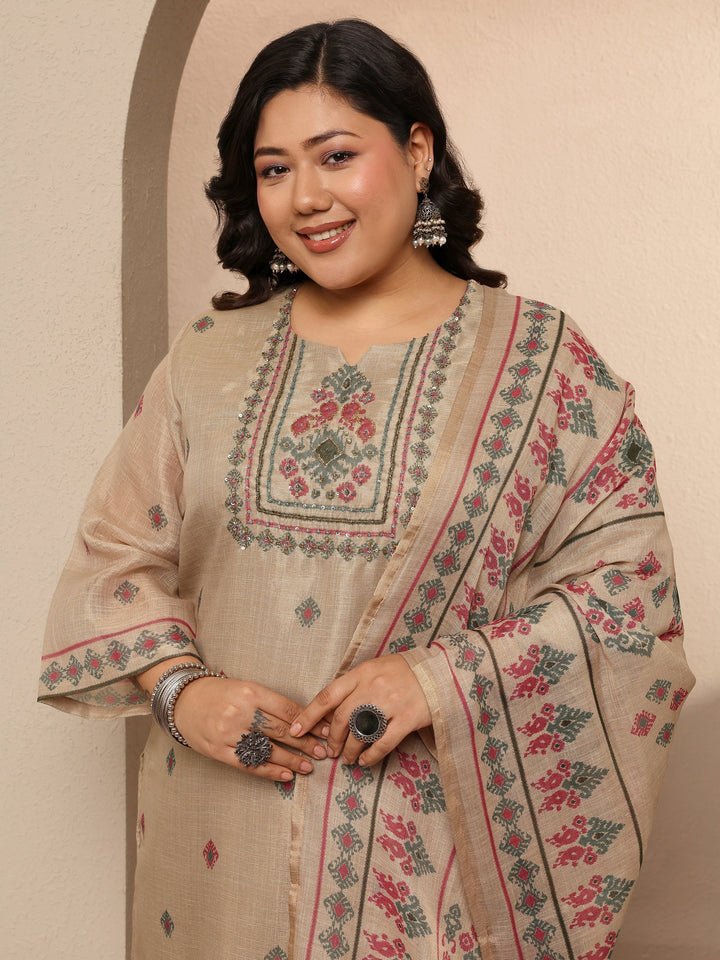 Plus Size Beige Embroidered Silk blend Suit Set With Dupatta