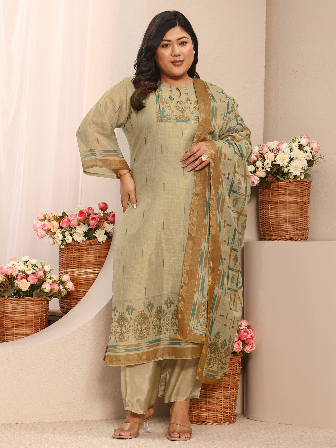Plus Size Beige Embroidered Silk Blend Straight Suit Set With Dupatta