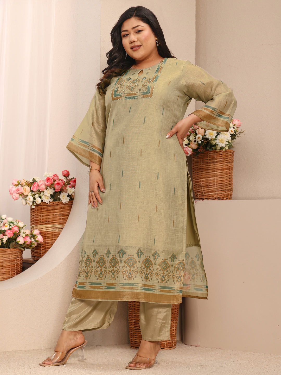 Plus Size Beige Embroidered Silk Blend Straight Suit Set With Dupatta