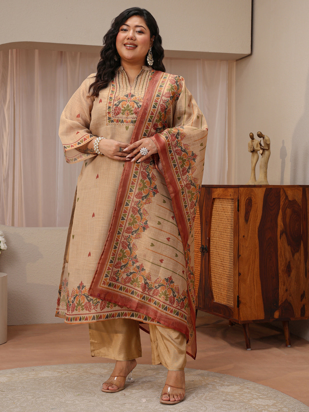 Plus Size Beige Printed Silk Blend Straight Suit Set