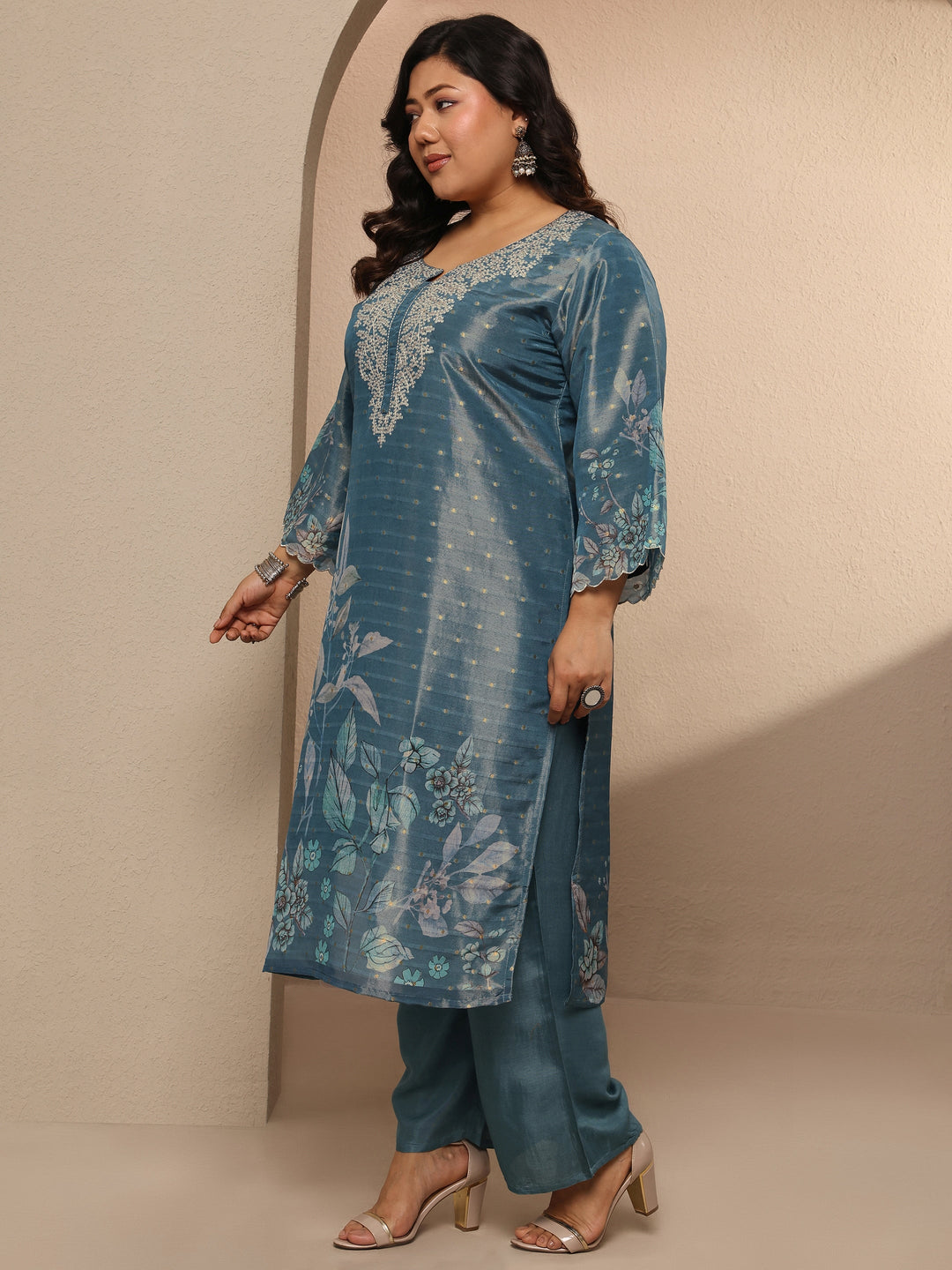 Plus Size Blue Printed Silk blend Suit Set With Dupatta