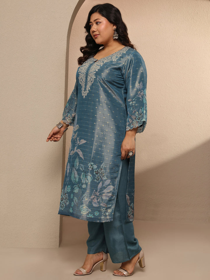 Plus Size Blue Printed Silk blend Suit Set With Dupatta