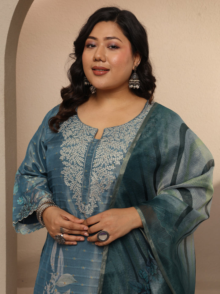 Plus Size Blue Printed Silk blend Suit Set With Dupatta