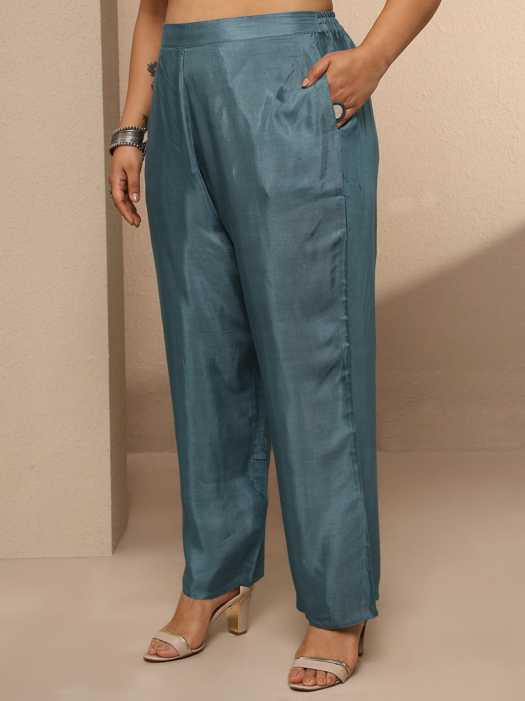 Plus Size Blue Printed Silk blend Suit Set With Dupatta