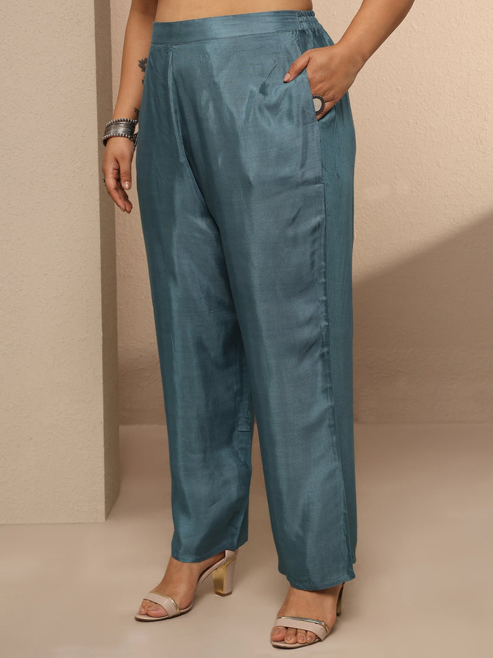 Plus Size Blue Printed Silk blend Suit Set With Dupatta