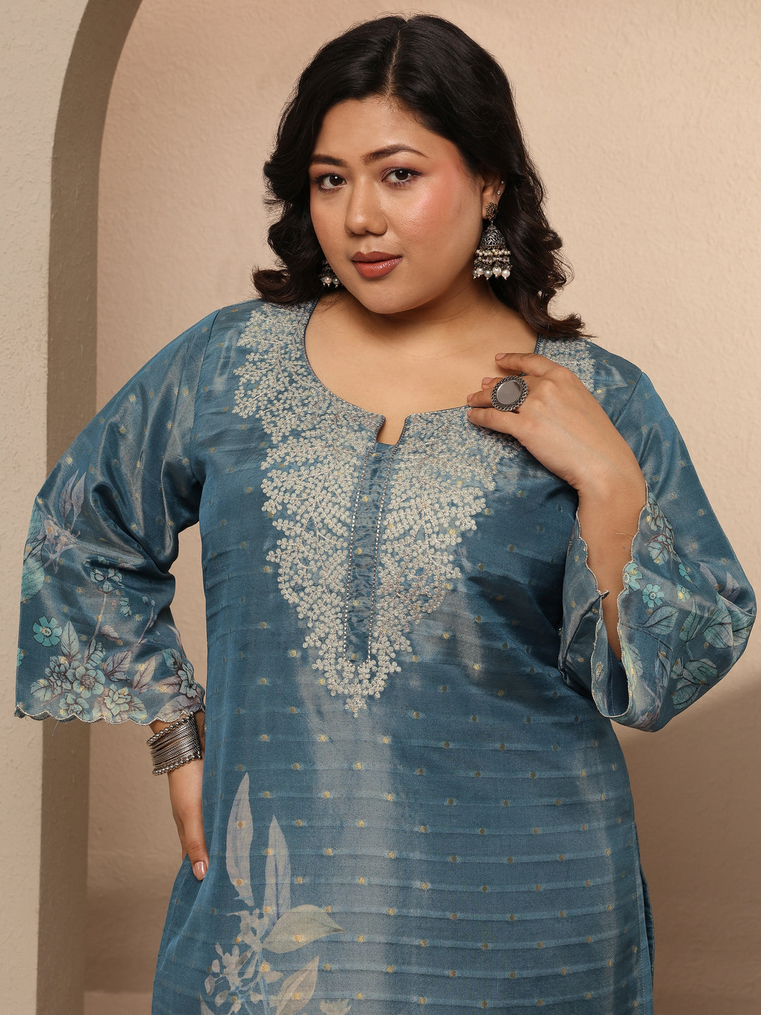 Plus Size Blue Printed Silk blend Suit Set With Dupatta