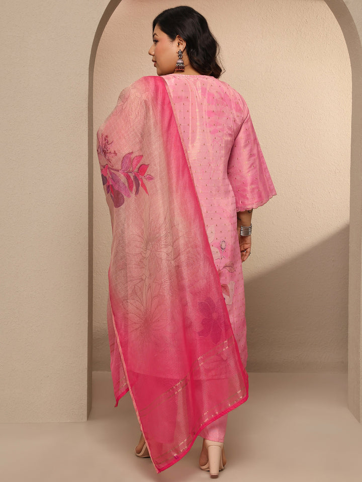 Plus Size Pink Printed Silk blend Suit Set With Dupatta