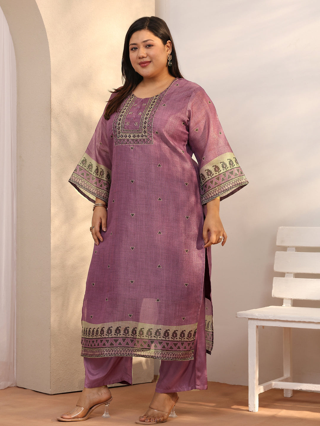 Plus Size Mauve Embroidered Silk blend Straight Suit Set With Dupatta