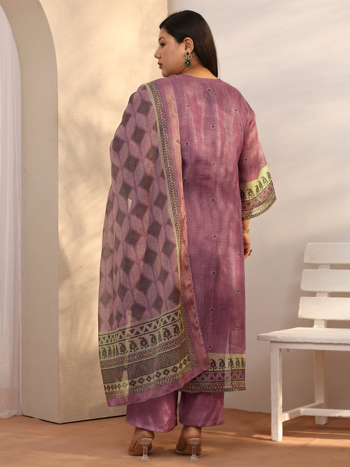 Plus Size Mauve Embroidered Silk blend Straight Suit Set With Dupatta