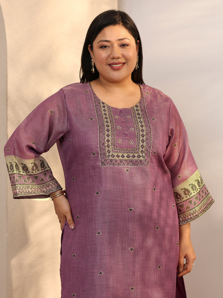 Plus Size Mauve Embroidered Silk blend Straight Suit Set With Dupatta