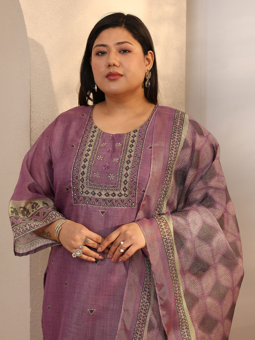 Plus Size Mauve Embroidered Silk blend Straight Suit Set With Dupatta