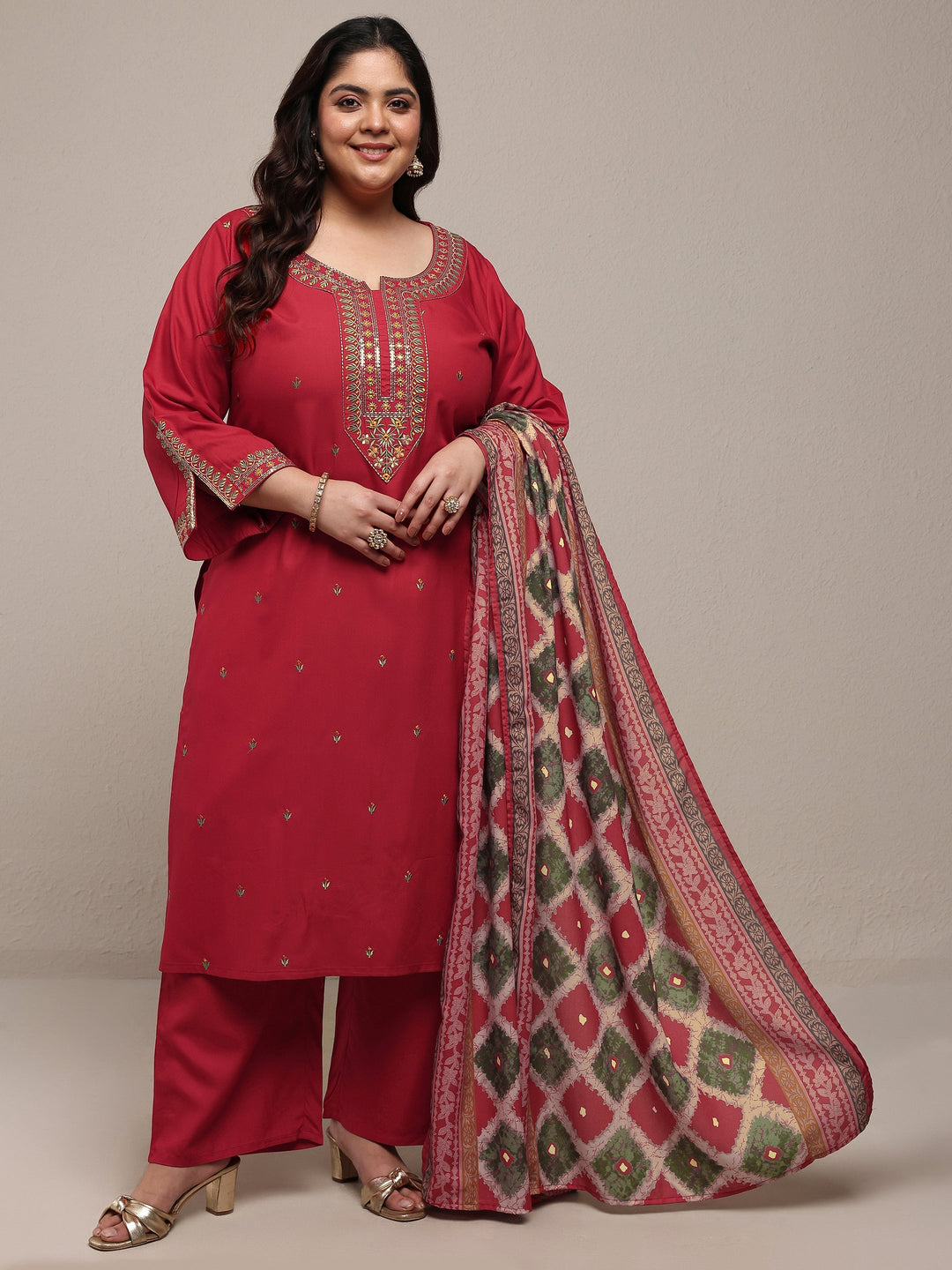 Plus Size Red Embroidered Viscose Rayon Straight Suit Set With Dupatta