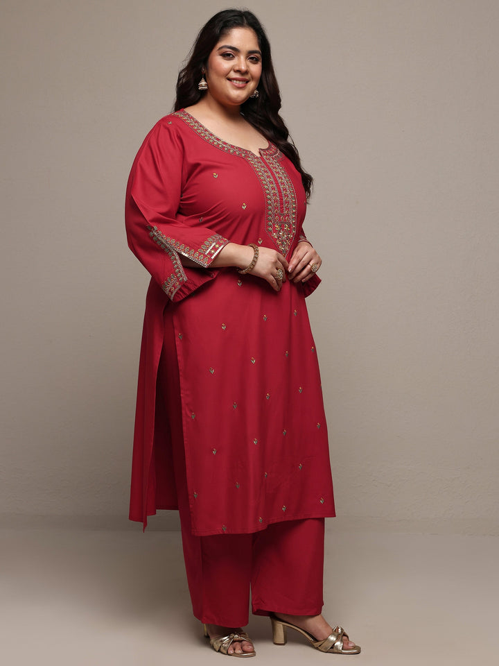 Plus Size Red Embroidered Viscose Rayon Straight Suit Set With Dupatta