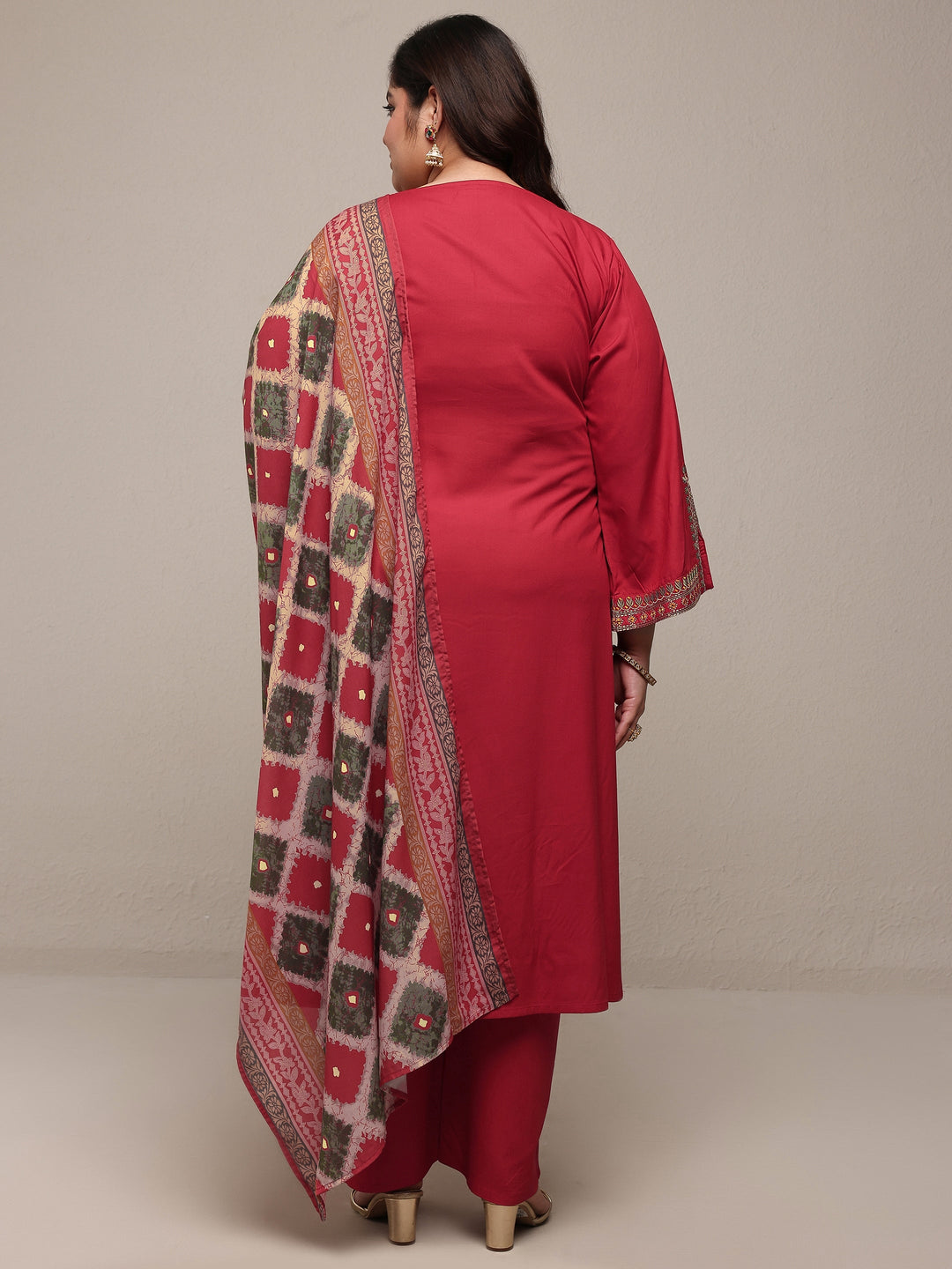 Plus Size Red Embroidered Viscose Rayon Straight Suit Set With Dupatta