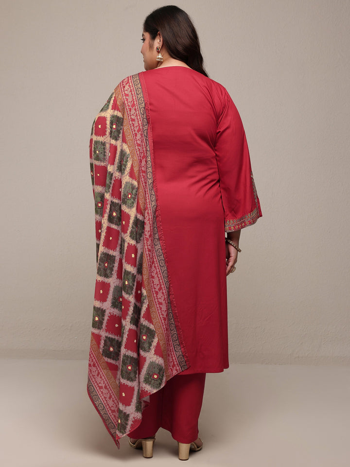 Plus Size Red Embroidered Viscose Rayon Straight Suit Set With Dupatta
