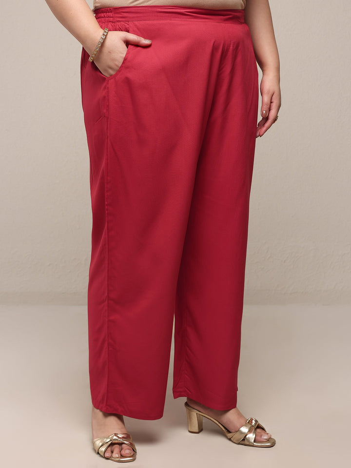 Plus Size Red Embroidered Viscose Rayon Straight Suit Set With Dupatta