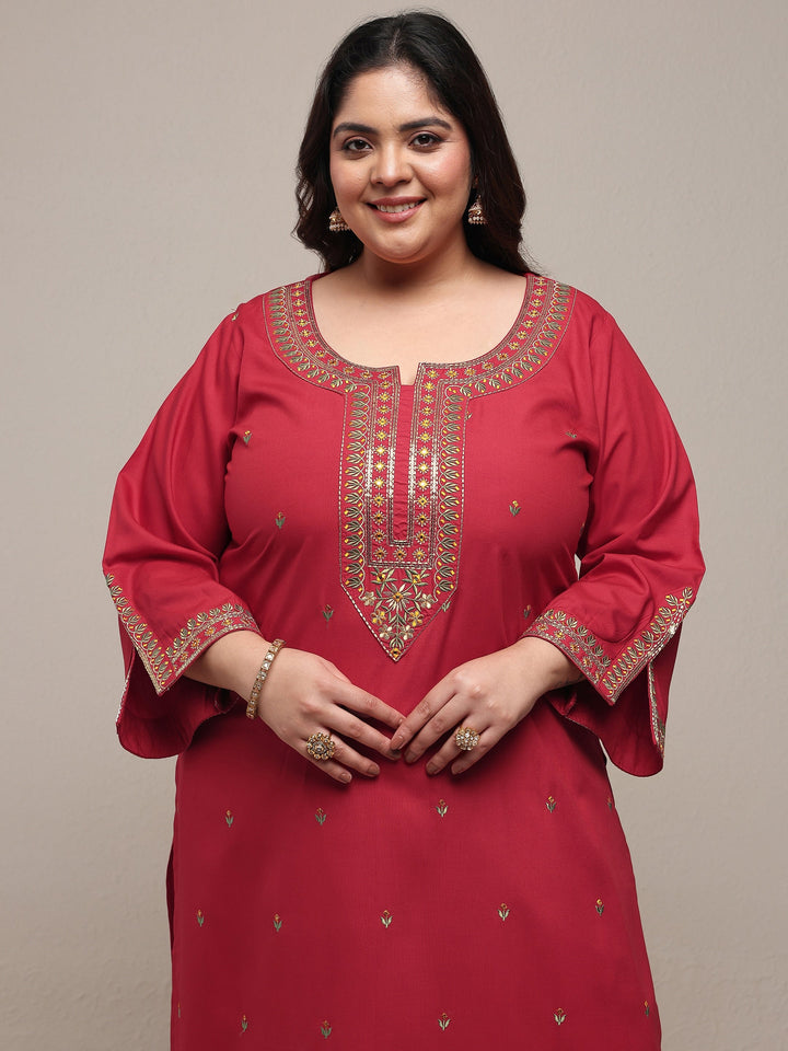 Plus Size Red Embroidered Viscose Rayon Straight Suit Set With Dupatta