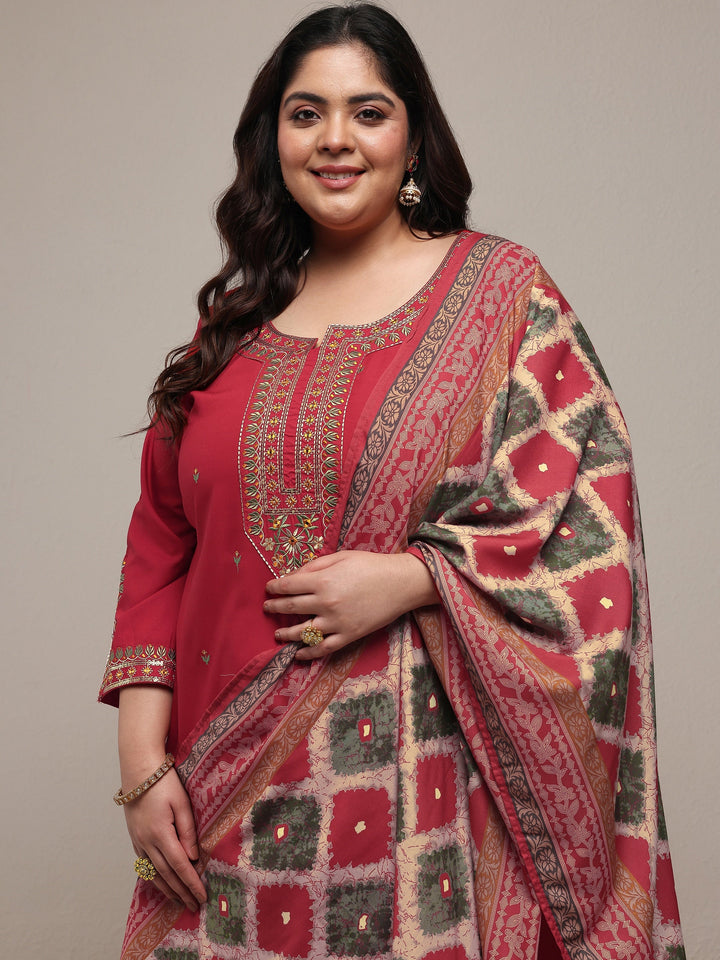 Plus Size Red Embroidered Viscose Rayon Straight Suit Set With Dupatta
