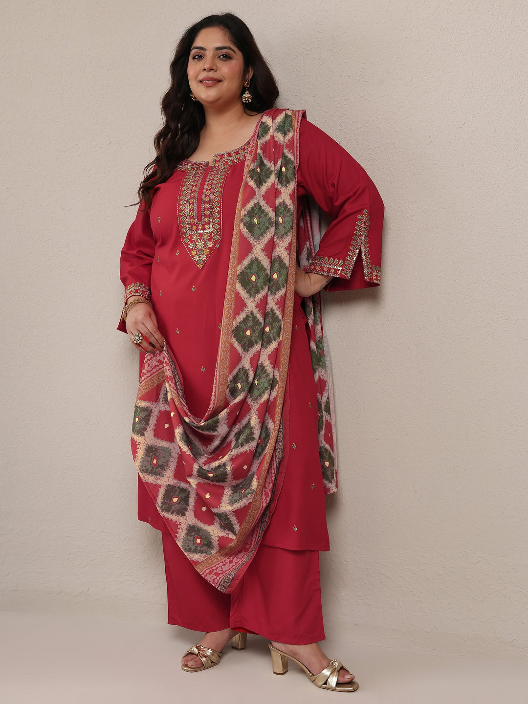 Plus Size Red Embroidered Viscose Rayon Straight Suit Set With Dupatta