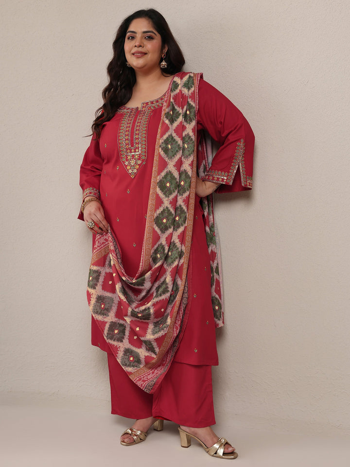 Plus Size Red Embroidered Viscose Rayon Straight Suit Set With Dupatta