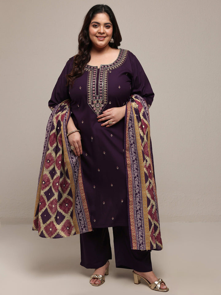 Plus Size Purple Embroidered Viscose Rayon Straight Suit Set With Dupatta