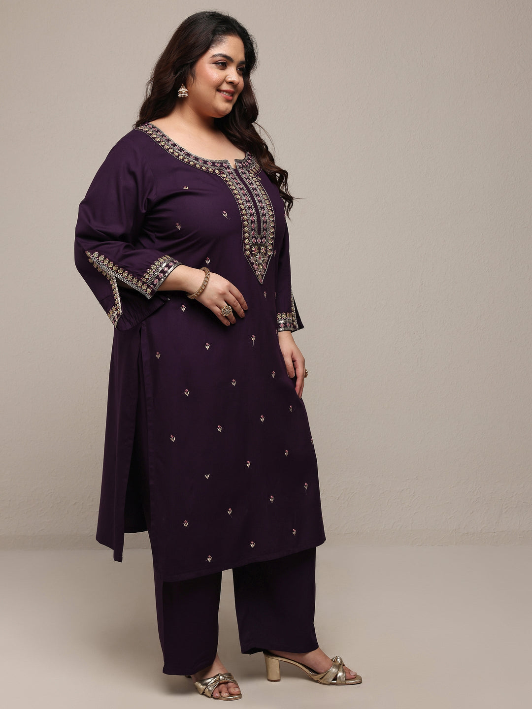 Plus Size Purple Embroidered Viscose Rayon Straight Suit Set With Dupatta
