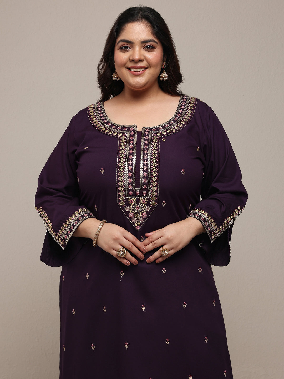 Plus Size Purple Embroidered Viscose Rayon Straight Suit Set With Dupatta