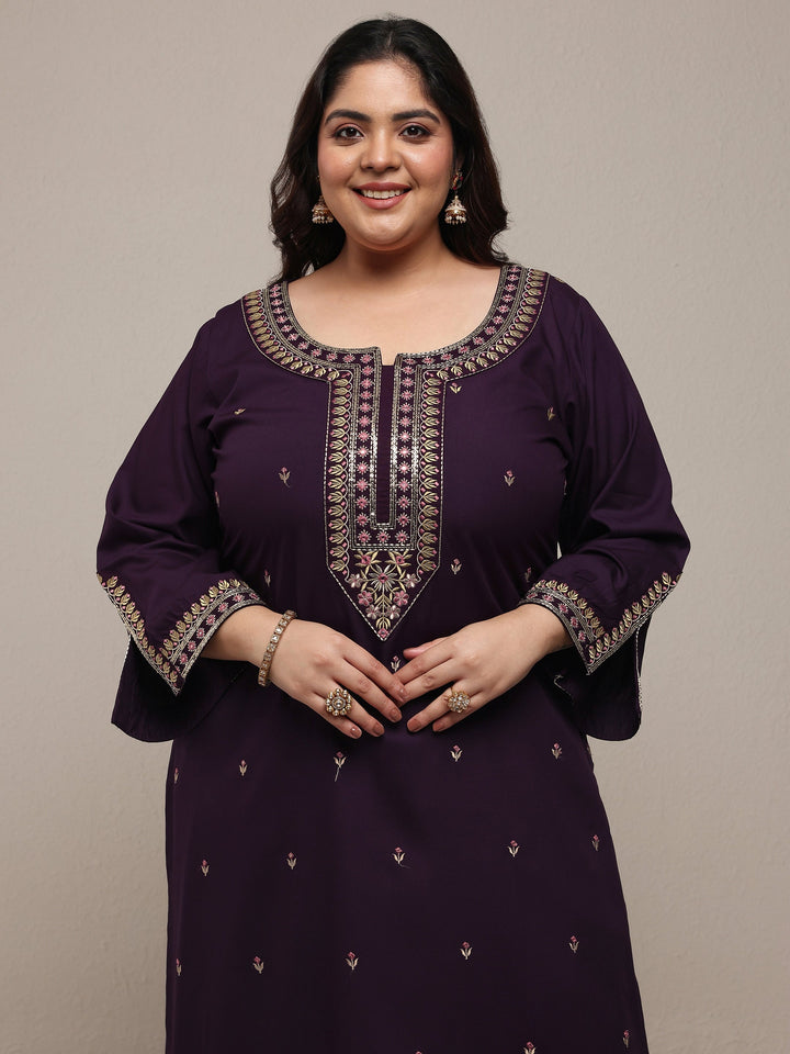 Plus Size Purple Embroidered Viscose Rayon Straight Suit Set With Dupatta