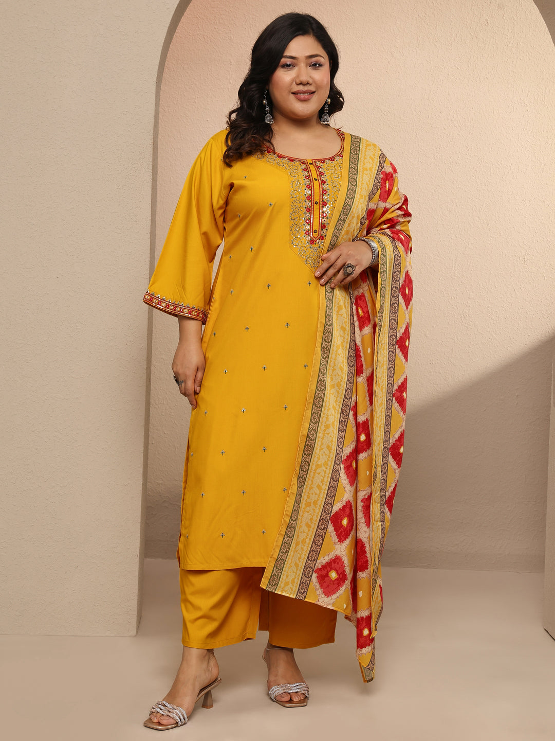 Plus Size Yellow Embellished Rayon Suit Set With Dupatta