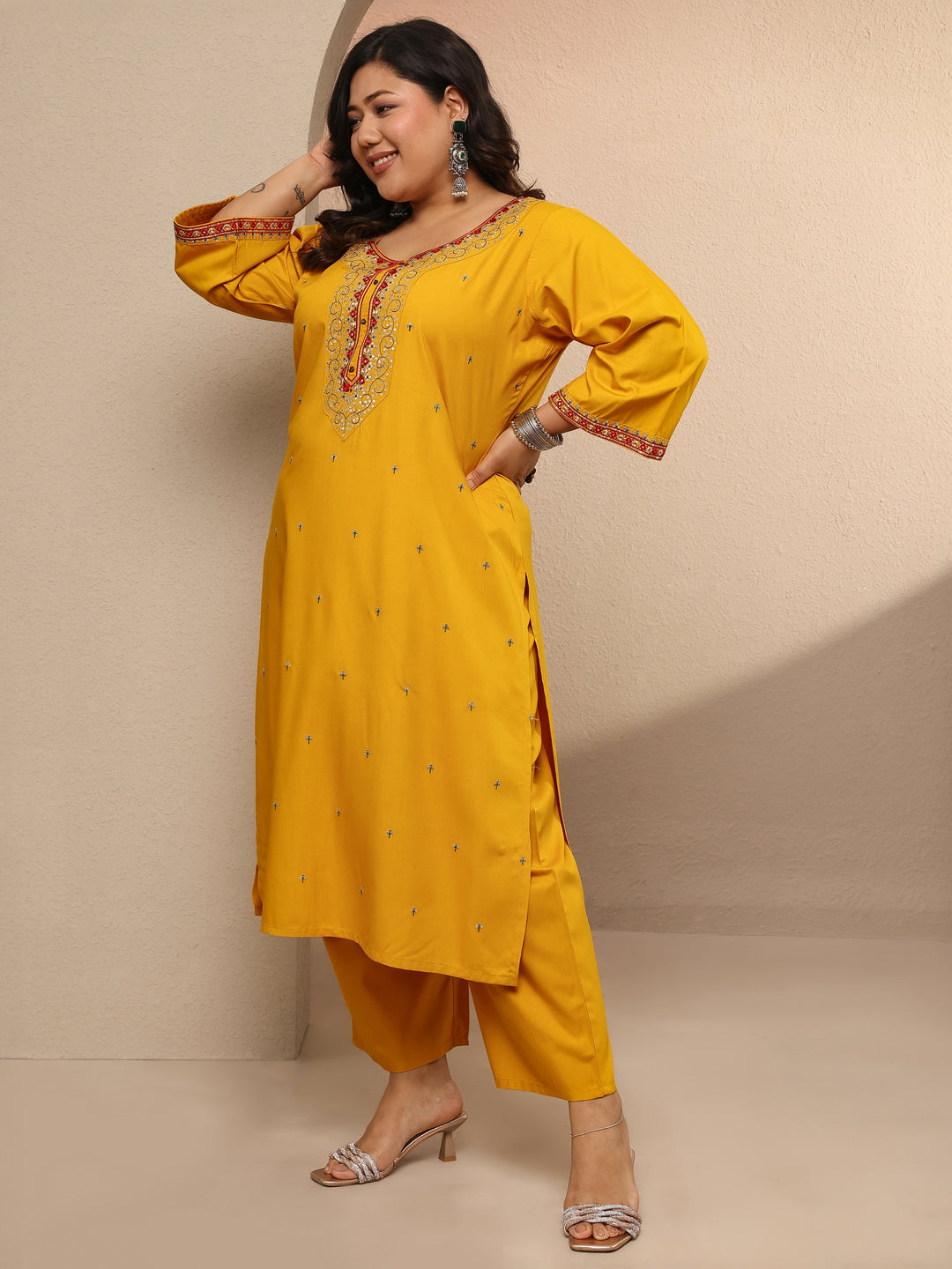 Plus Size Yellow Embellished Rayon Suit Set With Dupatta