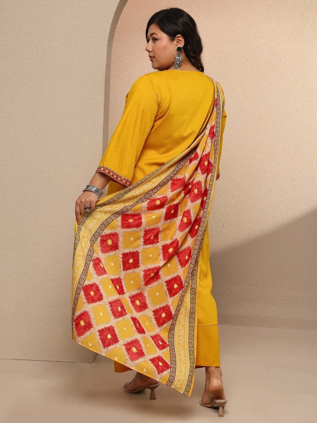 Plus Size Yellow Embellished Rayon Suit Set With Dupatta