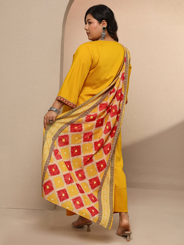 Plus Size Yellow Embellished Rayon Suit Set With Dupatta