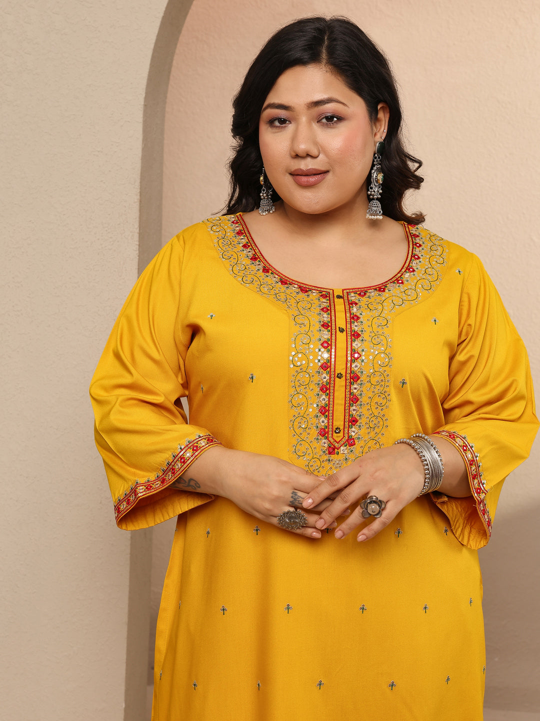 Plus Size Yellow Embellished Rayon Suit Set With Dupatta