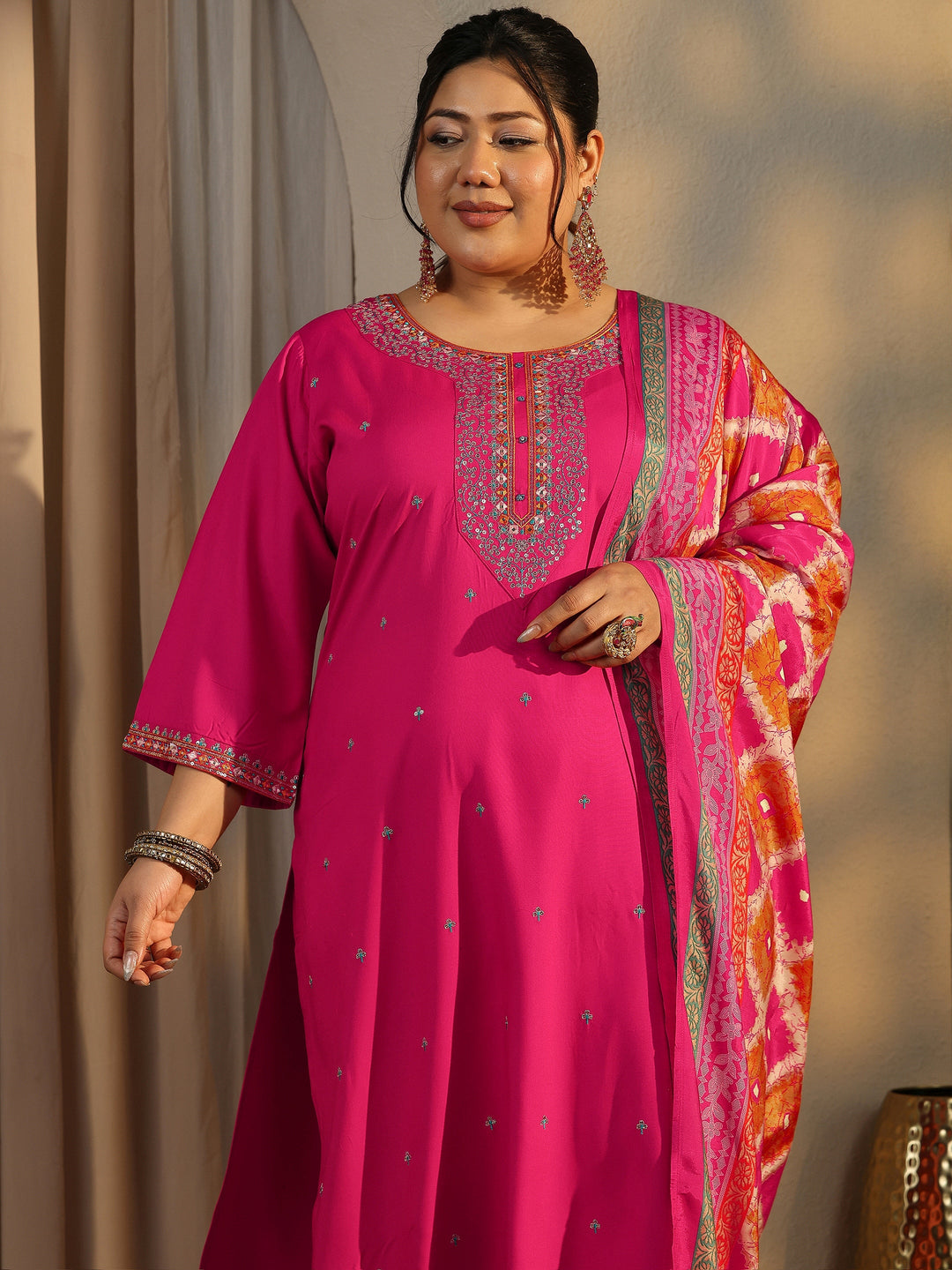Plus Size Pink Embroidered Rayon Straight Suit Set With Dupatta
