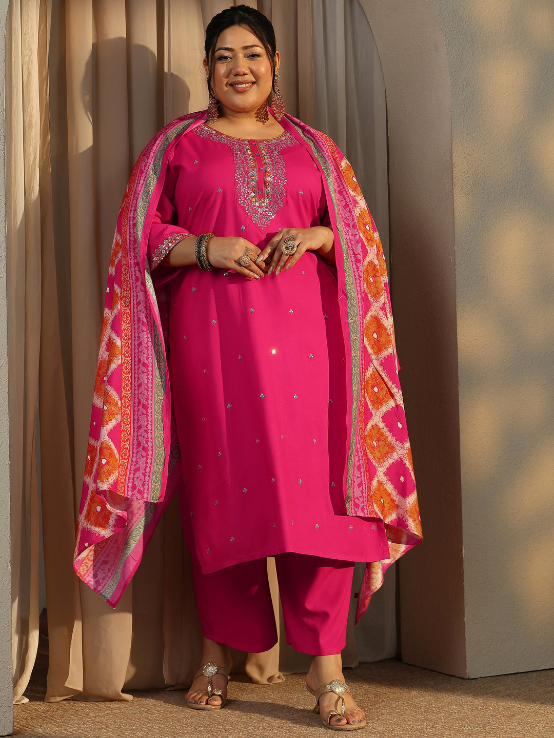Plus Size Pink Embroidered Rayon Straight Suit Set With Dupatta