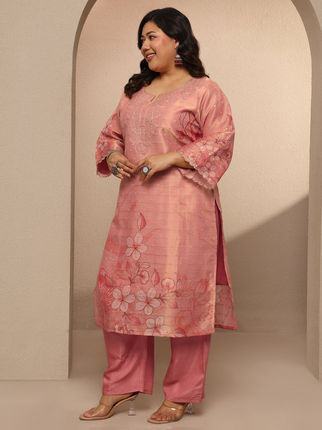Plus Size Peach Printed Silk Blend Straight Suit Set With Dupatta