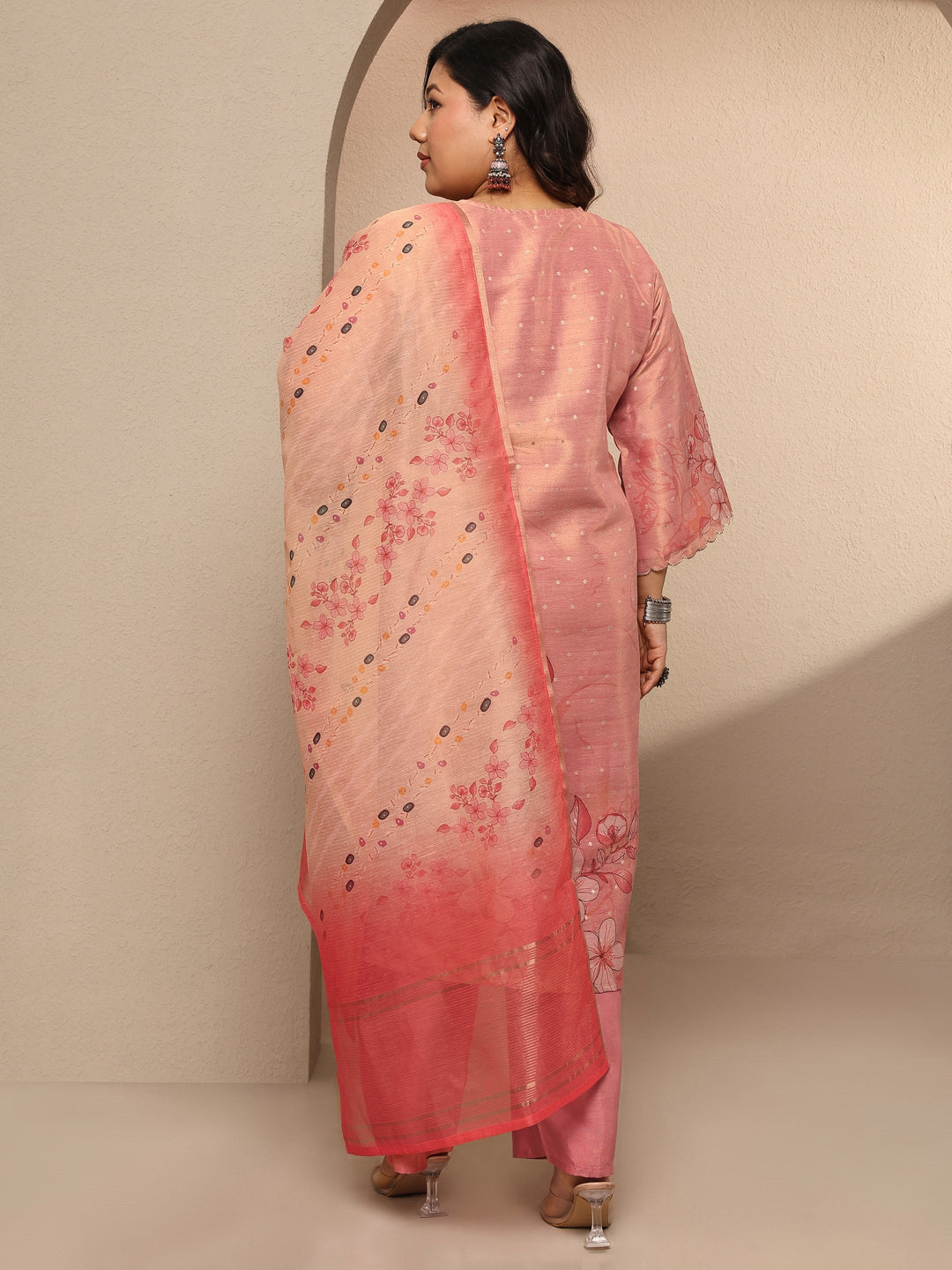 Plus Size Peach Printed Silk Blend Straight Suit Set With Dupatta