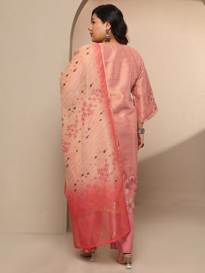 Plus Size Peach Printed Silk Blend Straight Suit Set With Dupatta